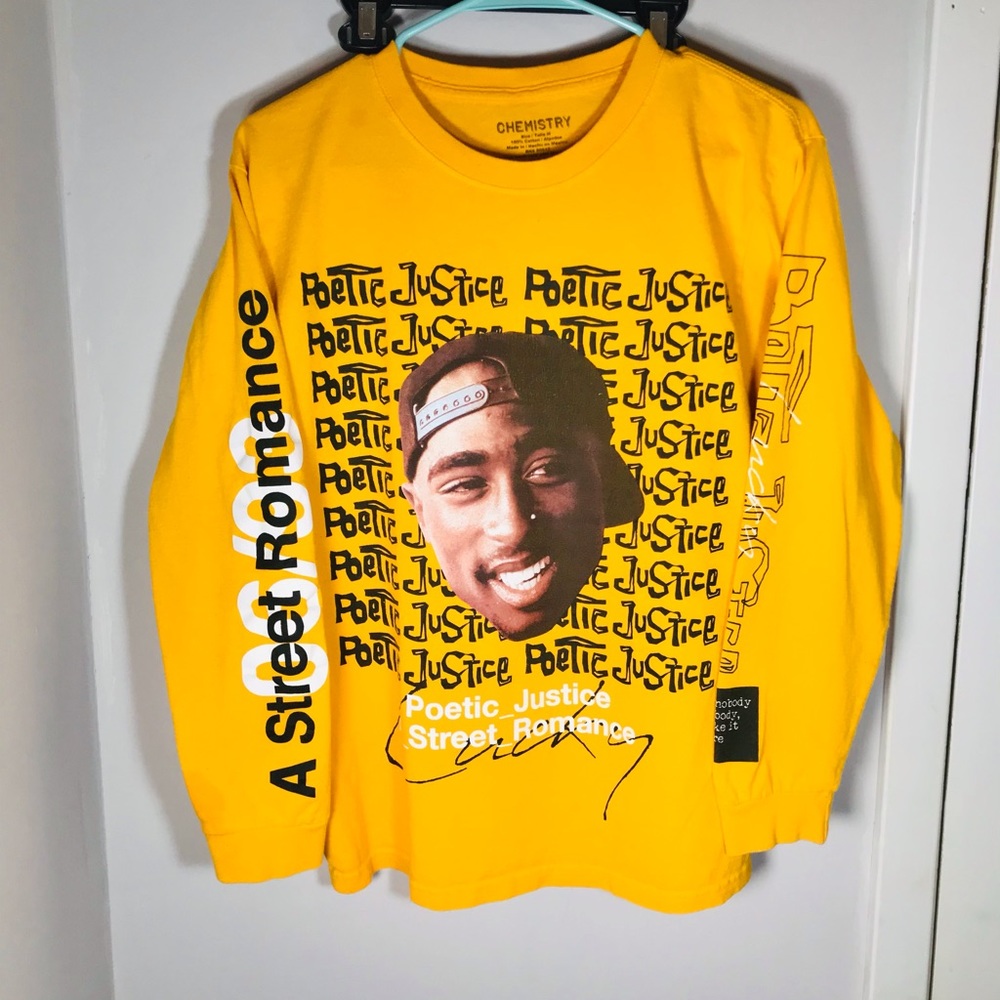 Tupac poetic justice long sleeve yellow tee shirt size M Preowned.